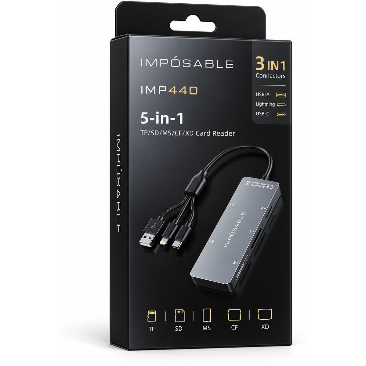 IMPÓSABLE Card Reader for iPhone, USB-C and USB-A: SD, microSD, CF, MS and xD