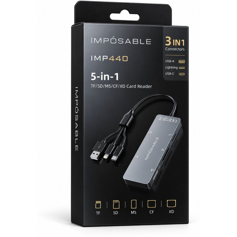 IMPÓSABLE Card Reader for iPhone, USB-C and USB-A: SD, microSD, CF, MS and xD