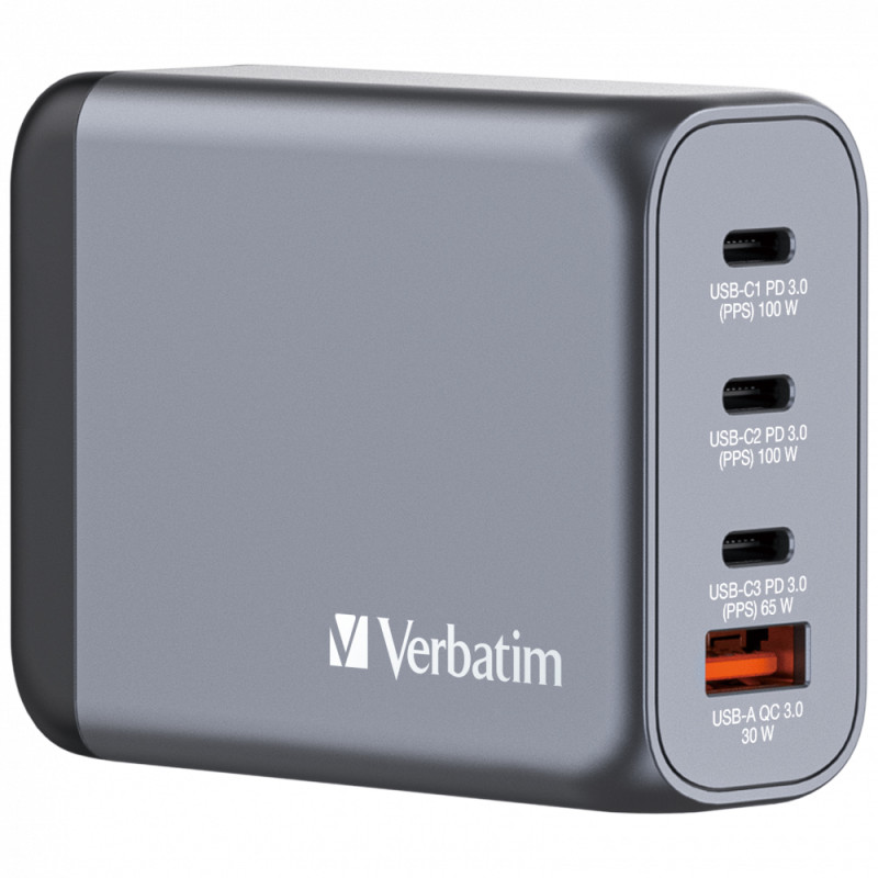 Verbatim 100W 4-Port GaN Wall Charger (2 x USB-C® PD 100W / 1 x USB-C® PD 65W / 1 x USB-A QC 3.0) Verbatim 100W 4-Port GaN Wall Charger (2 x USB-C® PD 100W / 1 x USB-C® PD 65W / 1 x USB-A QC 3.0)