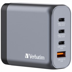 Verbatim 140W 4-Port GaN Wall Charger (2 x USB-C® PD 140W / 1 x USB-C® PD 20W / 1 x USB-A QC 3.0)